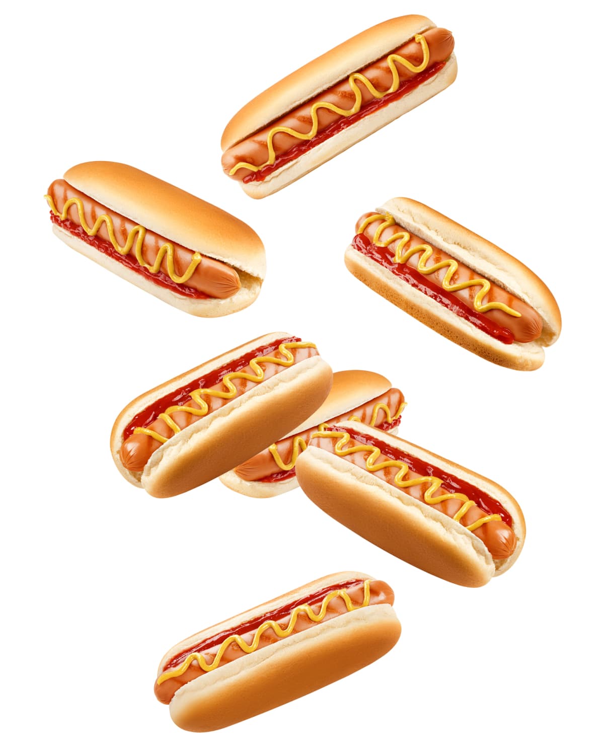 Falling HOT DOG isolated on white background, clipping path, full depth of field