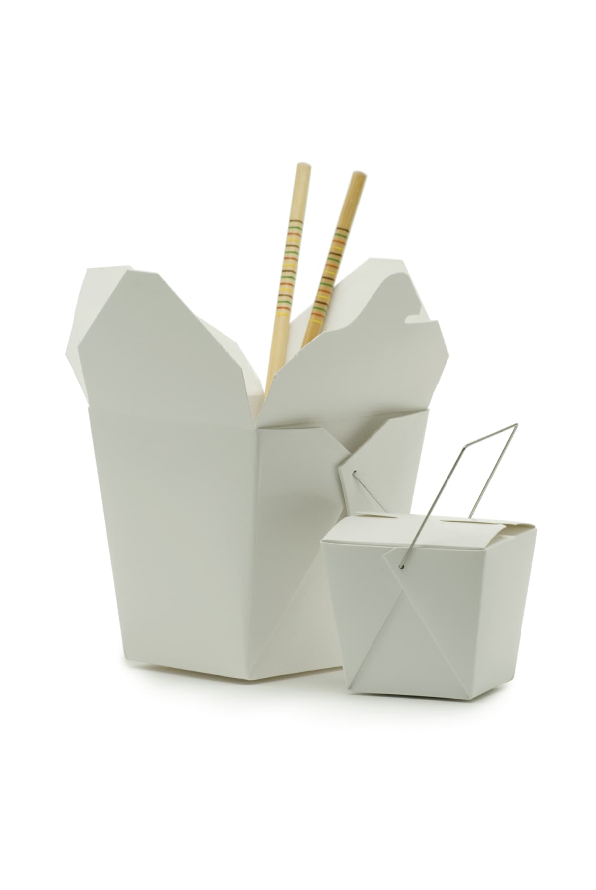 Two sizes of asian-style carryout containers and a pair of chopstick shot on white