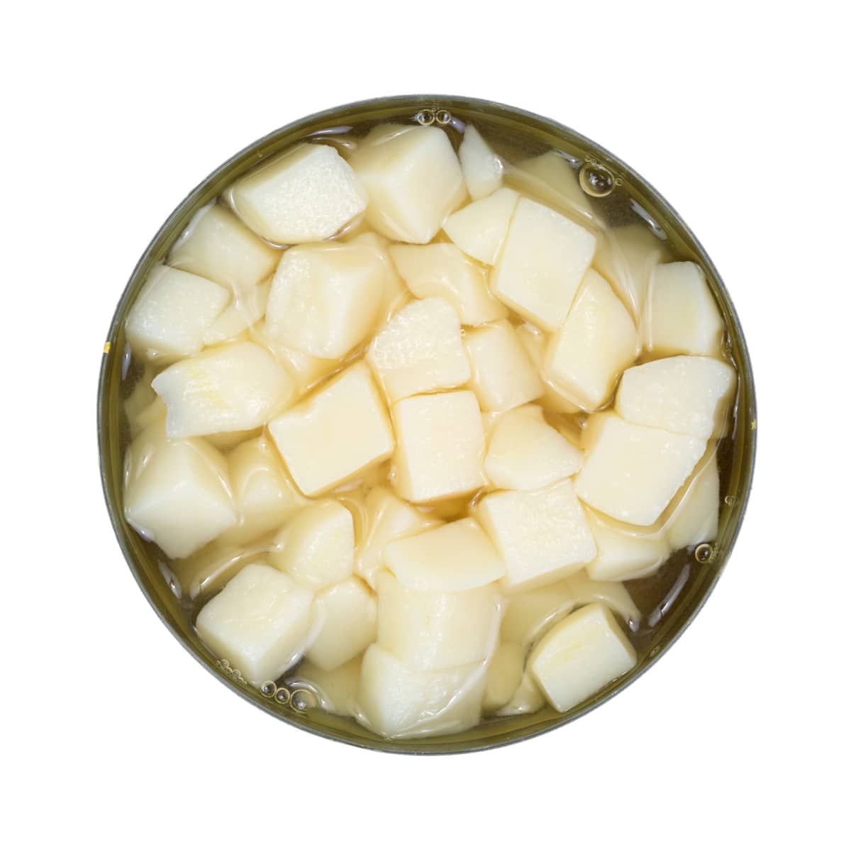 potatoes peeled in a tin can on a white background