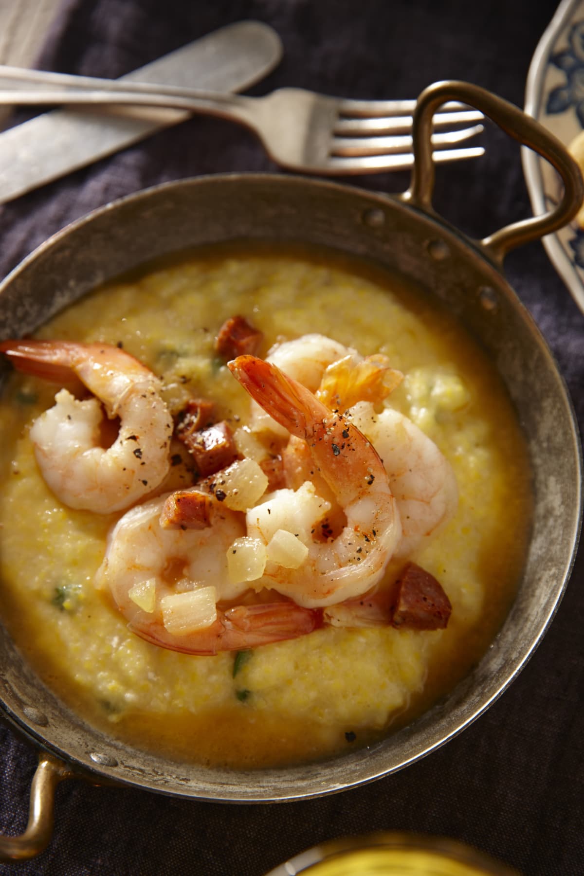 "Creamy Grits with Shrimp, Bacon and Fresh Parsley - Photographed on Hasselblad H3D2-39mb Camera"
