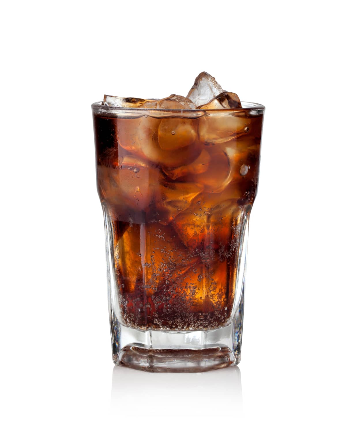 Cola glass with ice cubes on a white background