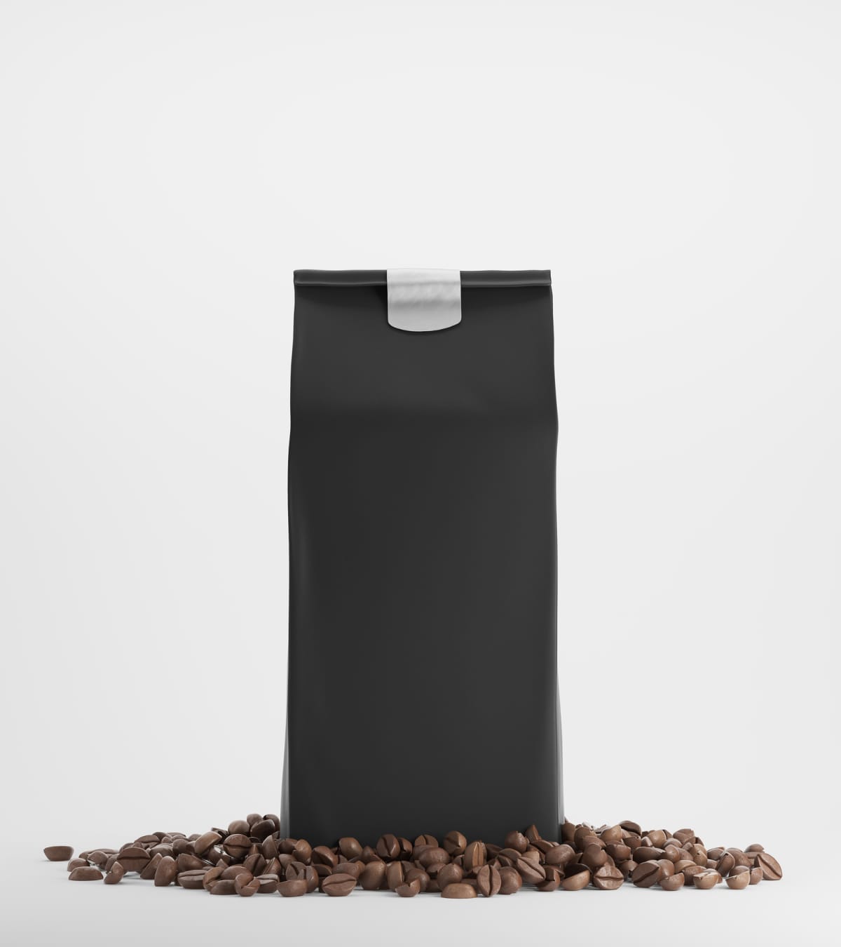 Black pack of coffee surrounded by coffee beans and standing against white background. 3d rendering. Mock up