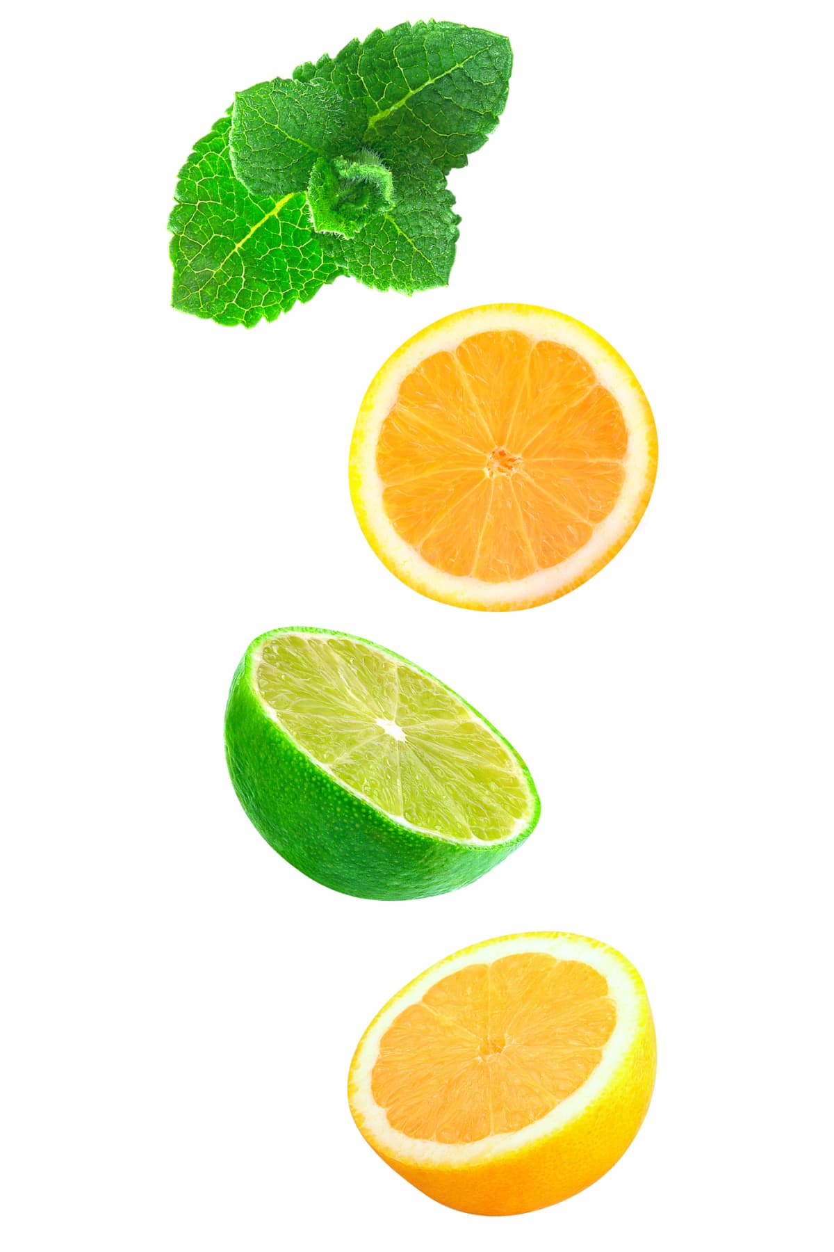 Lemon halves, lime half, and green leaf garnish
