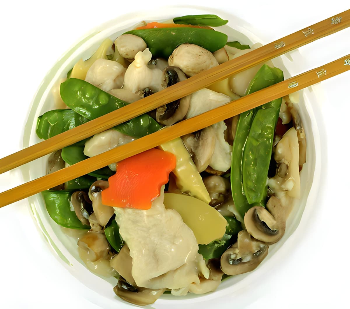 Moo goo gai pan with chopsticks