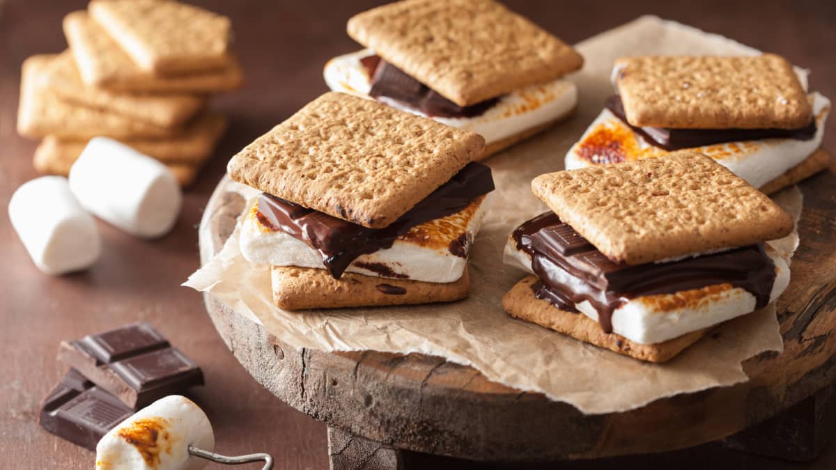 S’mores on a circular wooden platter