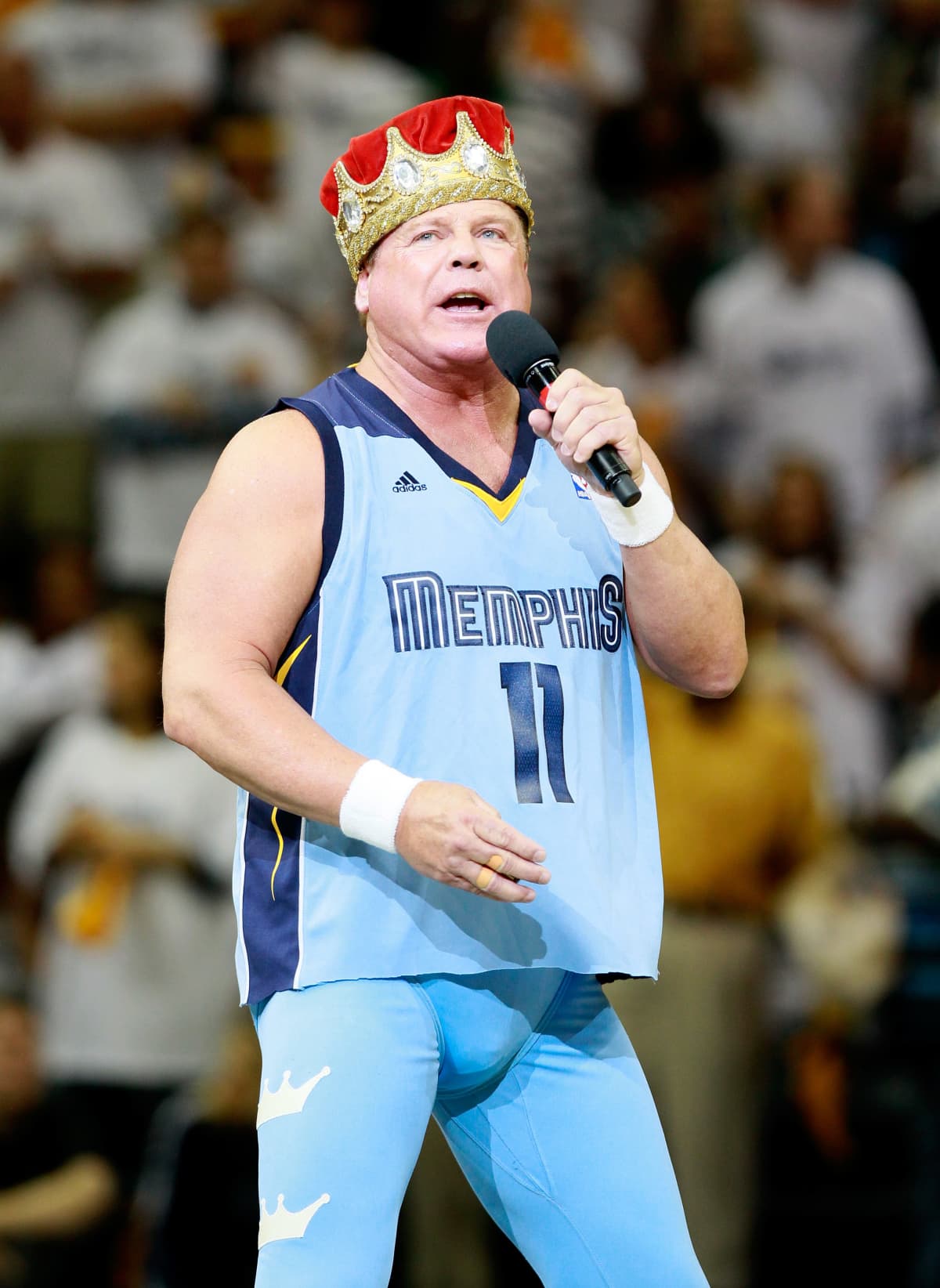 MEMPHIS, TN - MAY 13:  Professional wrestler Jerry "The King" Lawler address the fans prior to to Game Seven of the Western Conference Quarterfinals in the 2012 NBA Playoffs between the Memphis Grizzlies and the Los Angeles Clippers at FedExForum on May 13, 2012 in Memphis, Tennessee.  NOTE TO USER: User expressly acknowledges and agrees that, by downloading and or using this photograph, User is consenting to the terms and conditions of the Getty Images License Agreement  (Photo by Kevin C. Cox/Getty Images)