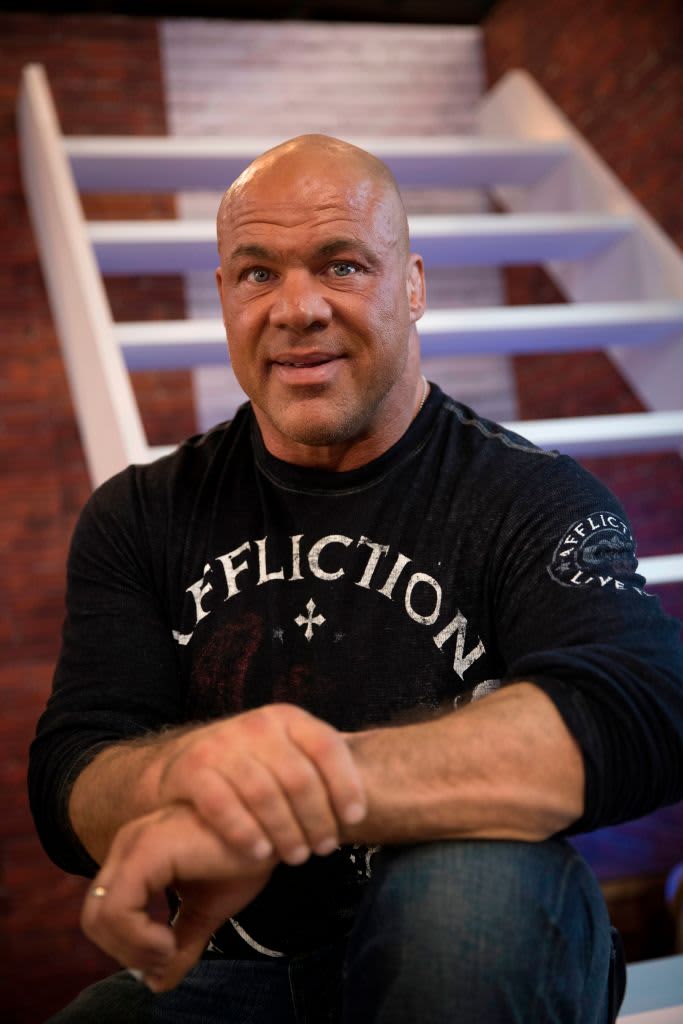 US wrestler and actor Kurt Angle poses on November 4, 2017, as he attends the 2017 Paris Games Week, at the Porte de Versailles exhibition centre in Paris. / AFP PHOTO / Thomas SAMSON        (Photo credit should read THOMAS SAMSON/AFP via Getty Images)