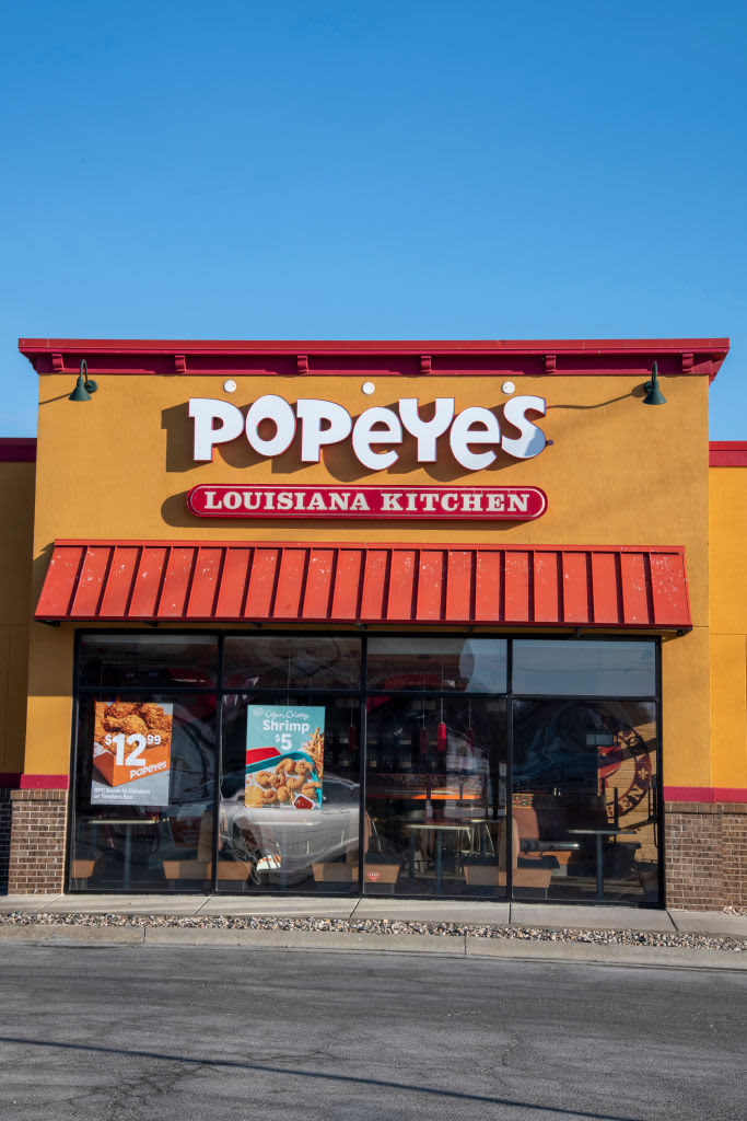 VICKSBURG, MS - FEBRUARY 12: Outside the Popeyes there is a is a sign that reads Its back! Butterfly Shrimp $4.99. Congratulations! Malcolm Butler. (Photo by Stan Grossfeld/The Boston Globe via Getty Images)