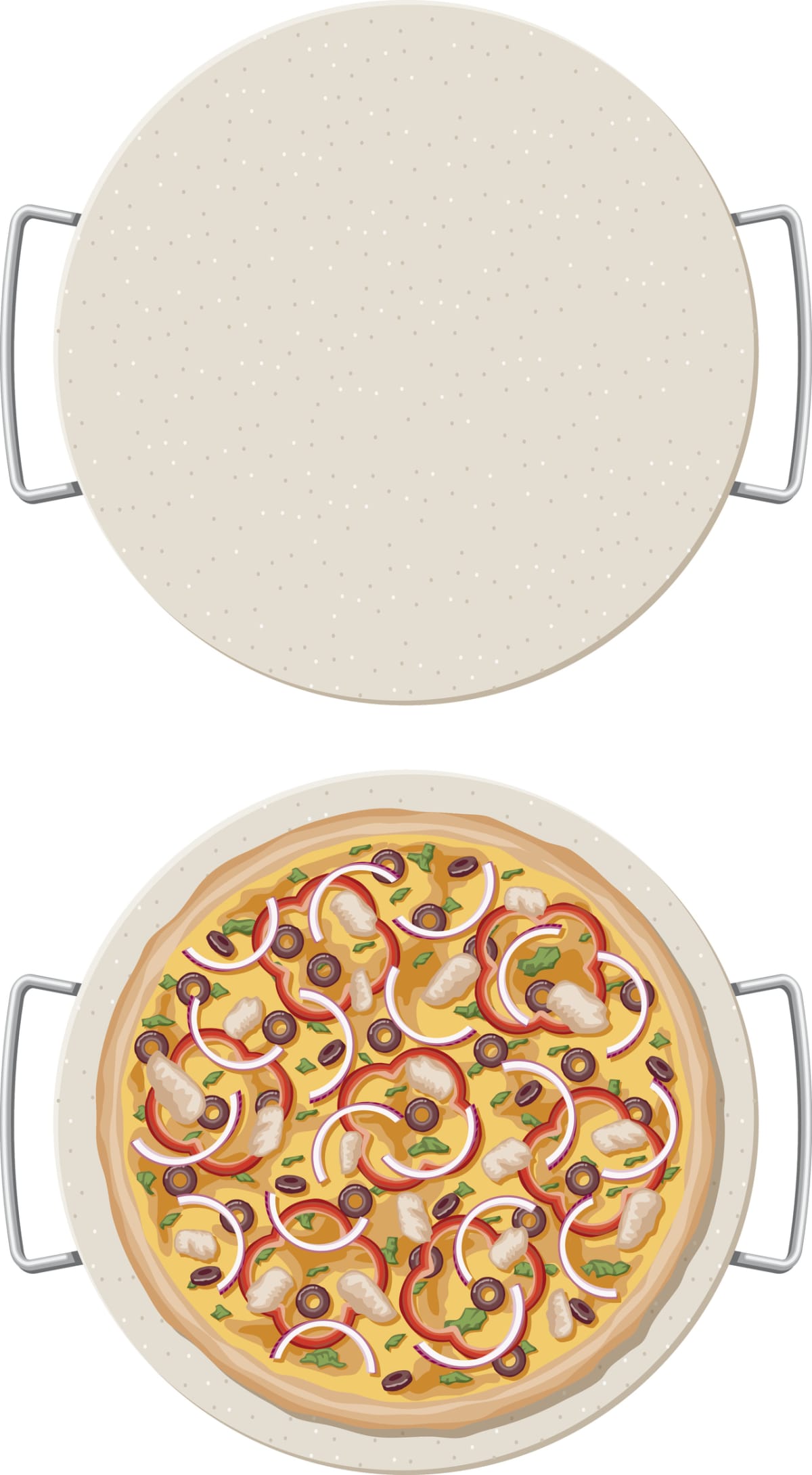 An overhead view of a pizza baked on a ceramic pizza stone isolated on white. Also includes the stone on its own with no pizza on top. File contains no gradients or transparencies. Shapes are grouped and layered.