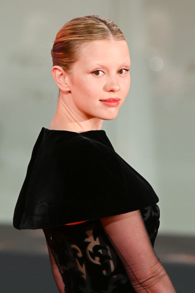LOS ANGELES, CALIFORNIA - OCTOBER 15: (EDITORS NOTE: This image was converted to black and white. Color version available.) Mia Goth attends the 2nd Annual Academy Museum Gala at Academy Museum of Motion Pictures on October 15, 2022 in Los Angeles, California. (Photo by Frazer Harrison/Getty Images)