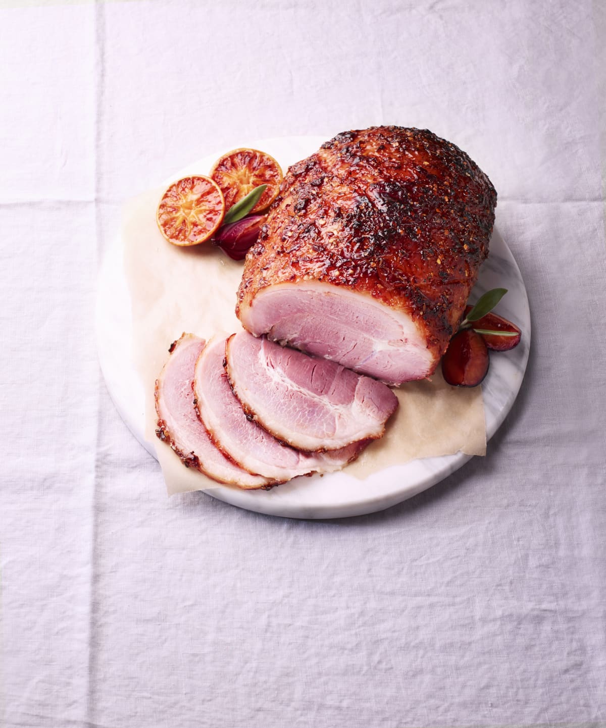 Honey roast ham on table cloth