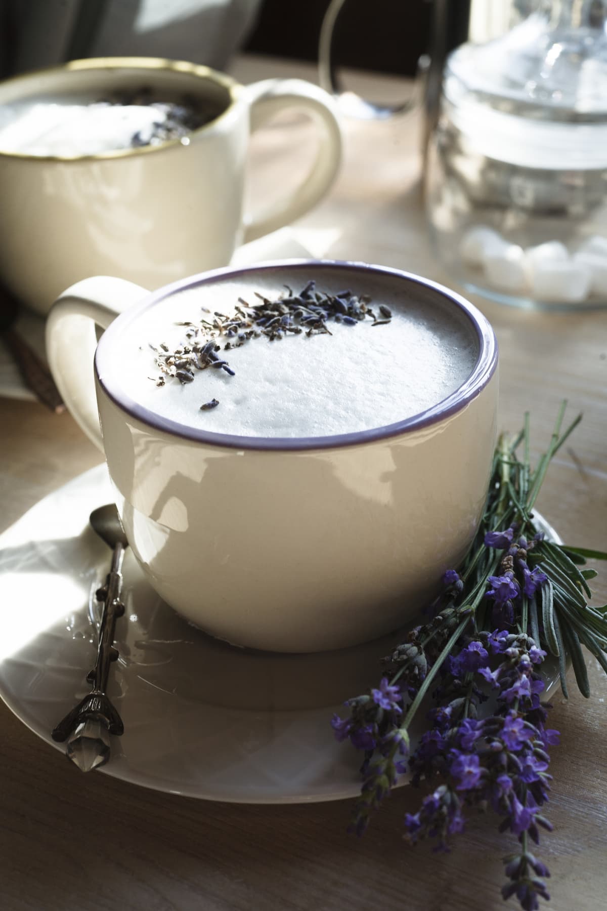 Tea latte, Earl Grey Hot London Fog Tea Drink with Foamed Milk, wooden background copy space