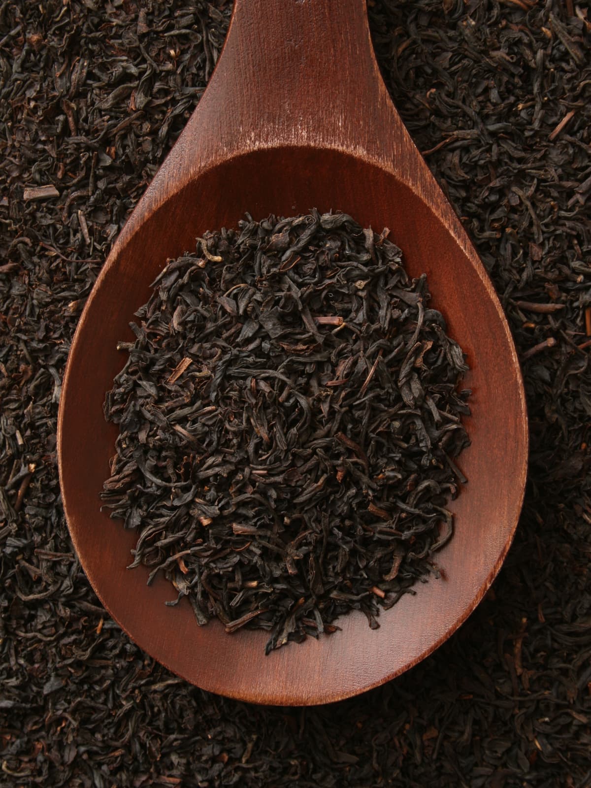Spoonful of tea blend with rose buds, hibiscus leaves, echinacea flowers and cinnamon sticks on black rustic background