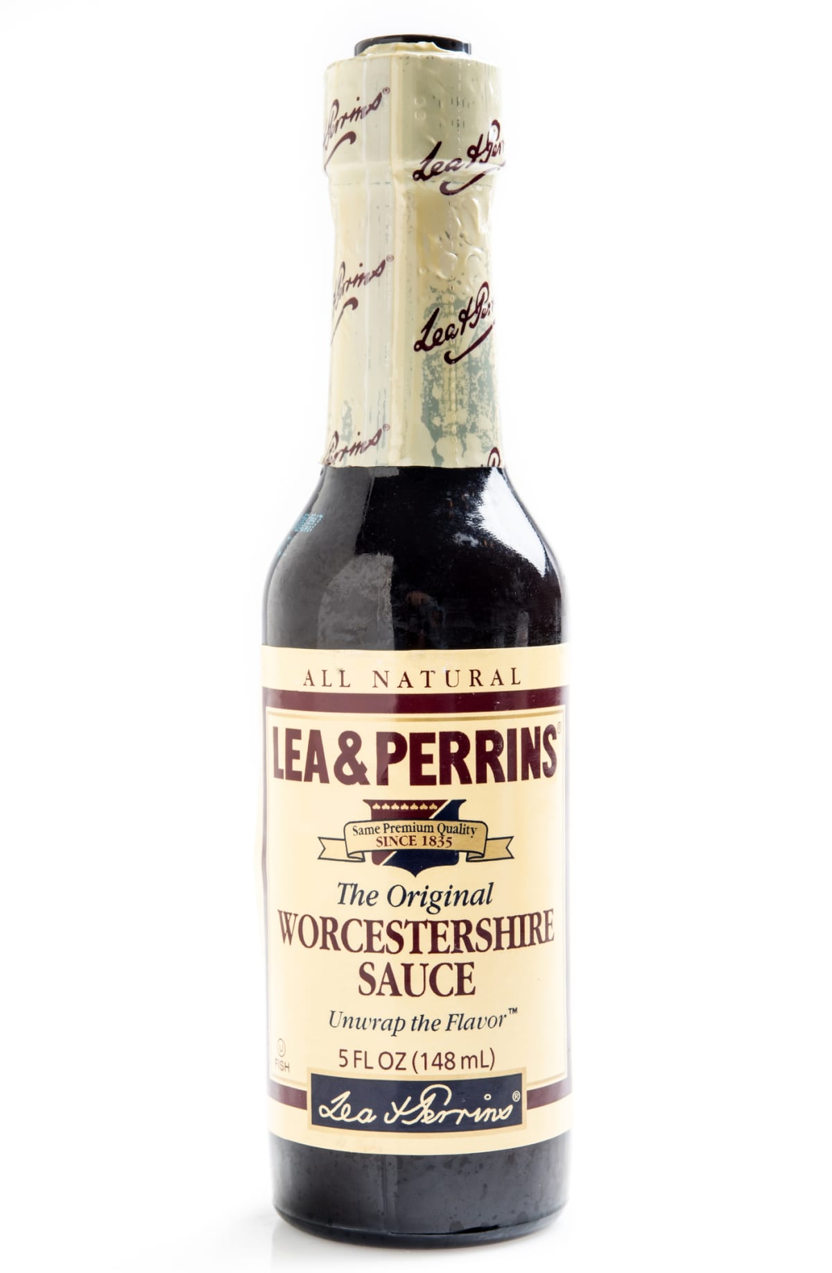 A bottle of Worcestershire sauce against a white background.