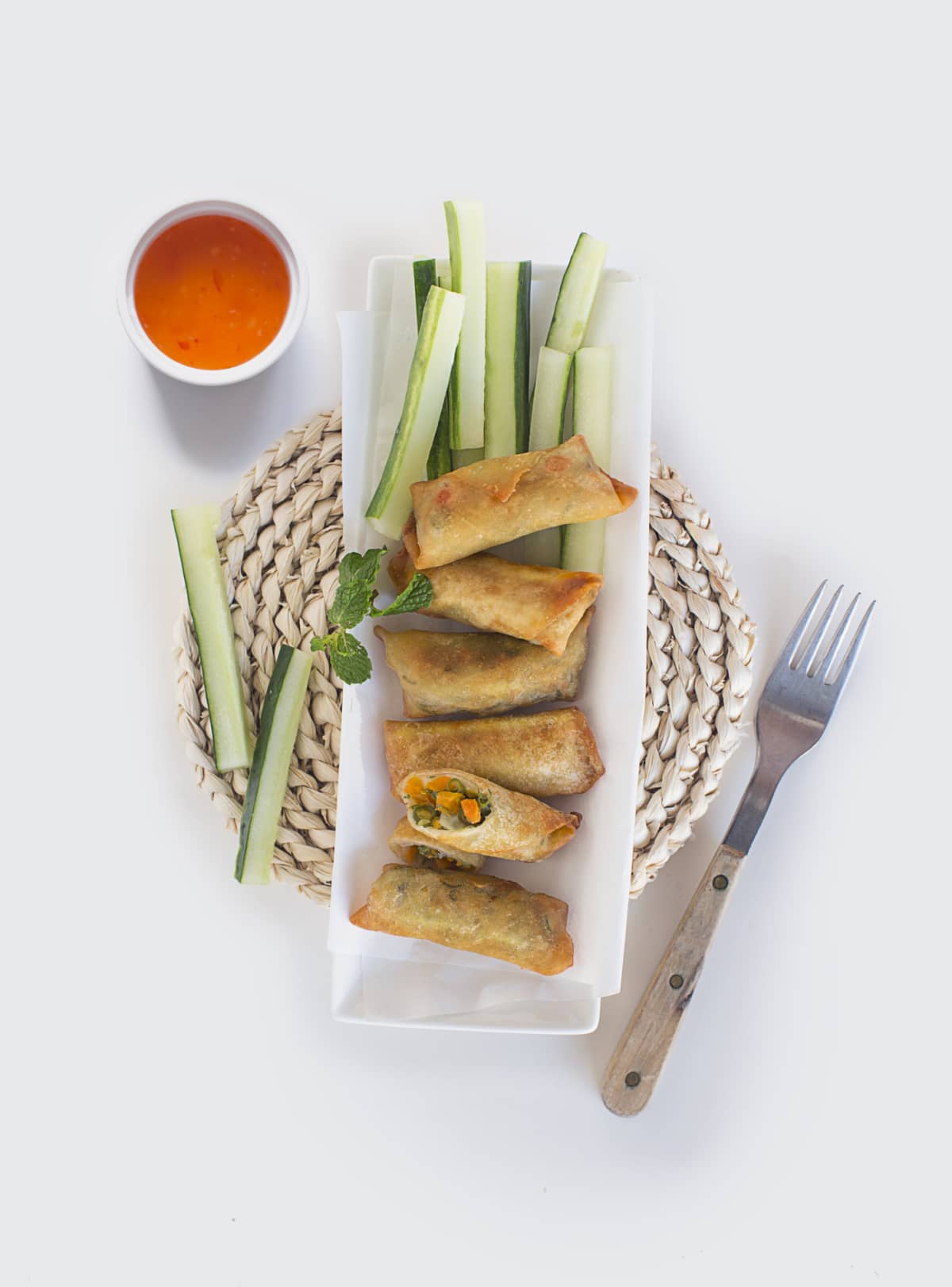 Fresh deep fried vegetable spring rolls with dipping sauce