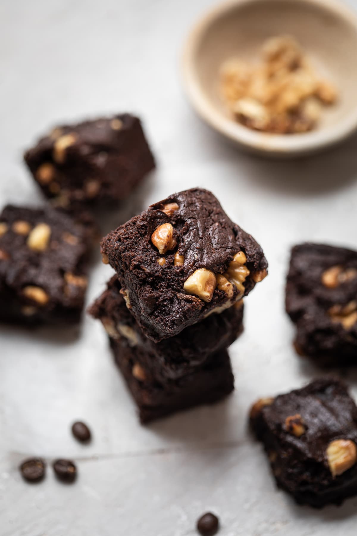 Stacked brownies with nuts shot from above