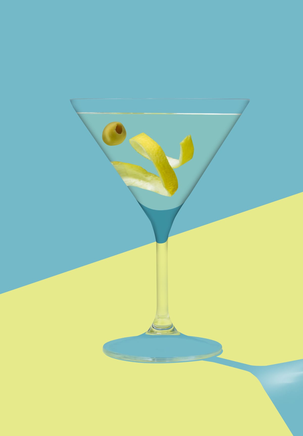 Martini Cocktail on graphic pale blue and pale green background with defined shadow, with olive and lemon twist