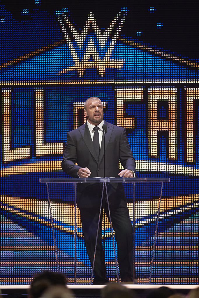 Professional Wrestling: WWE Hall of Fame Induction: Triple H at podium during ceremony at SAP Center.  
San Jose, CA 3/28/2015
CREDIT: Jed Jacobsohn (Photo by Jed Jacobsohn /Sports Illustrated via Getty Images)
(Set Number: X159444 TK1 )