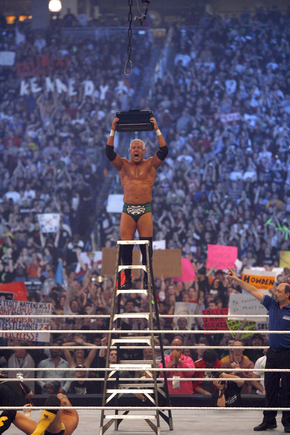 Mr. Kennedy celebrates his victory in the "Money in the Bank Ladder Match at Detroit's Ford Field in Detroit, Michigan on April 1, 2007.  (Photo by Leon Halip/WireImage)