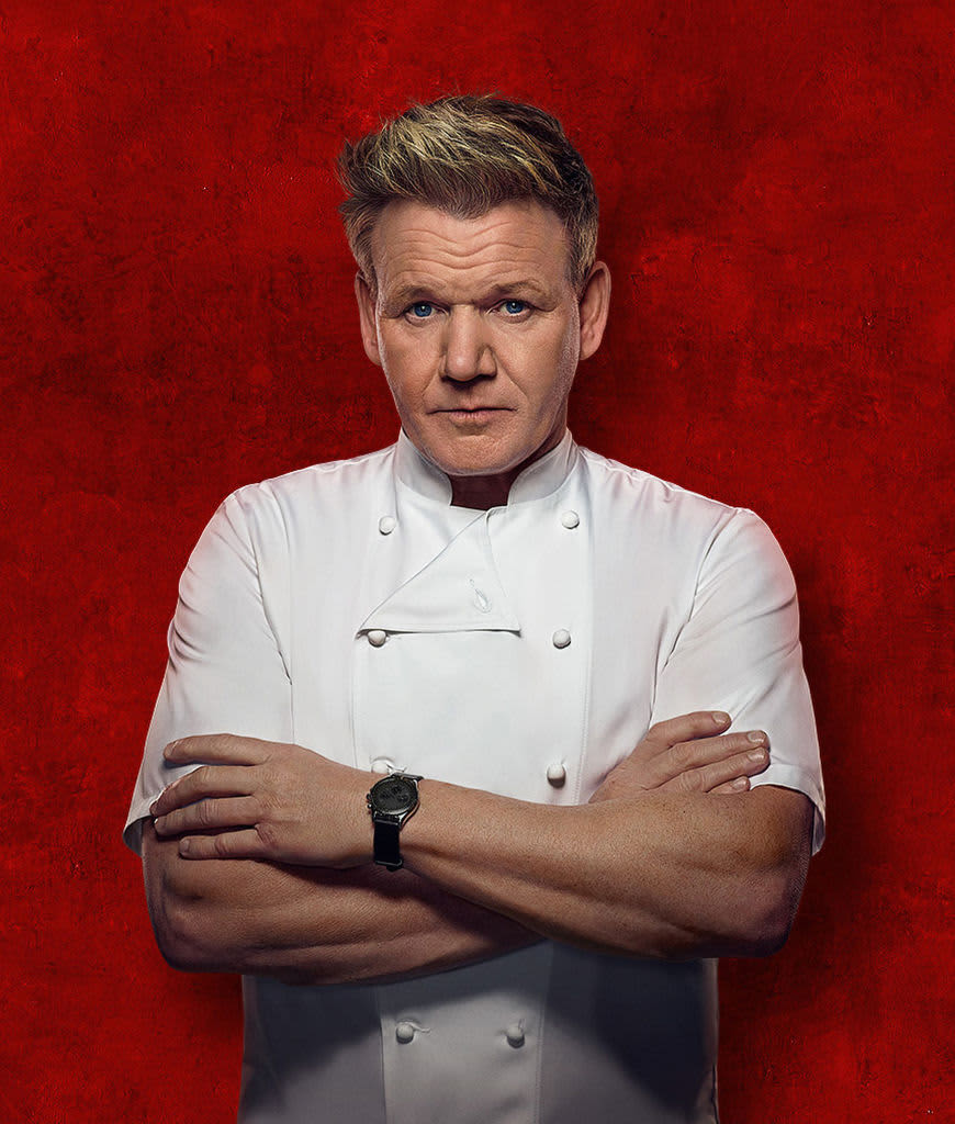 Gordon Ramsay in front of a red background