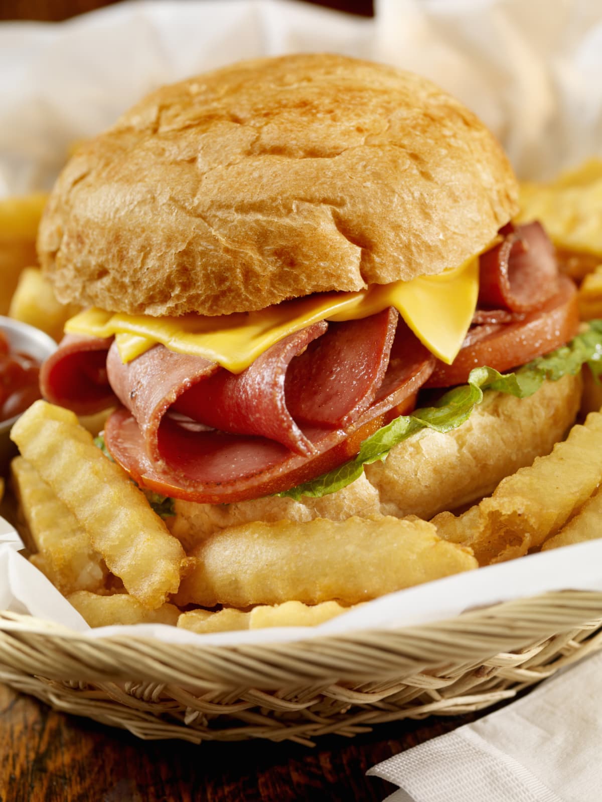Fried Bologna Sandwich with Lettuce, Tomato, Melted Cheese and Fries-Photographed on Hasselblad H3D2-39mb Camera