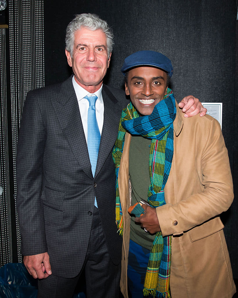 NEW YORK, NY - MARCH 16:  Chef Marcus Samuelsson and Anthony Bourdain attend the  14th Annual Food For Thought Chef's Tasting Benefit at Gustavino's on March 16, 2016 in New York City.  (Photo by Bobby Bank/WireImage)