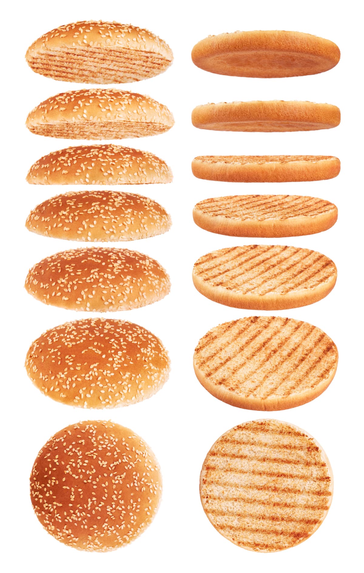 Grilled burger buns isolated on white background. Collection.