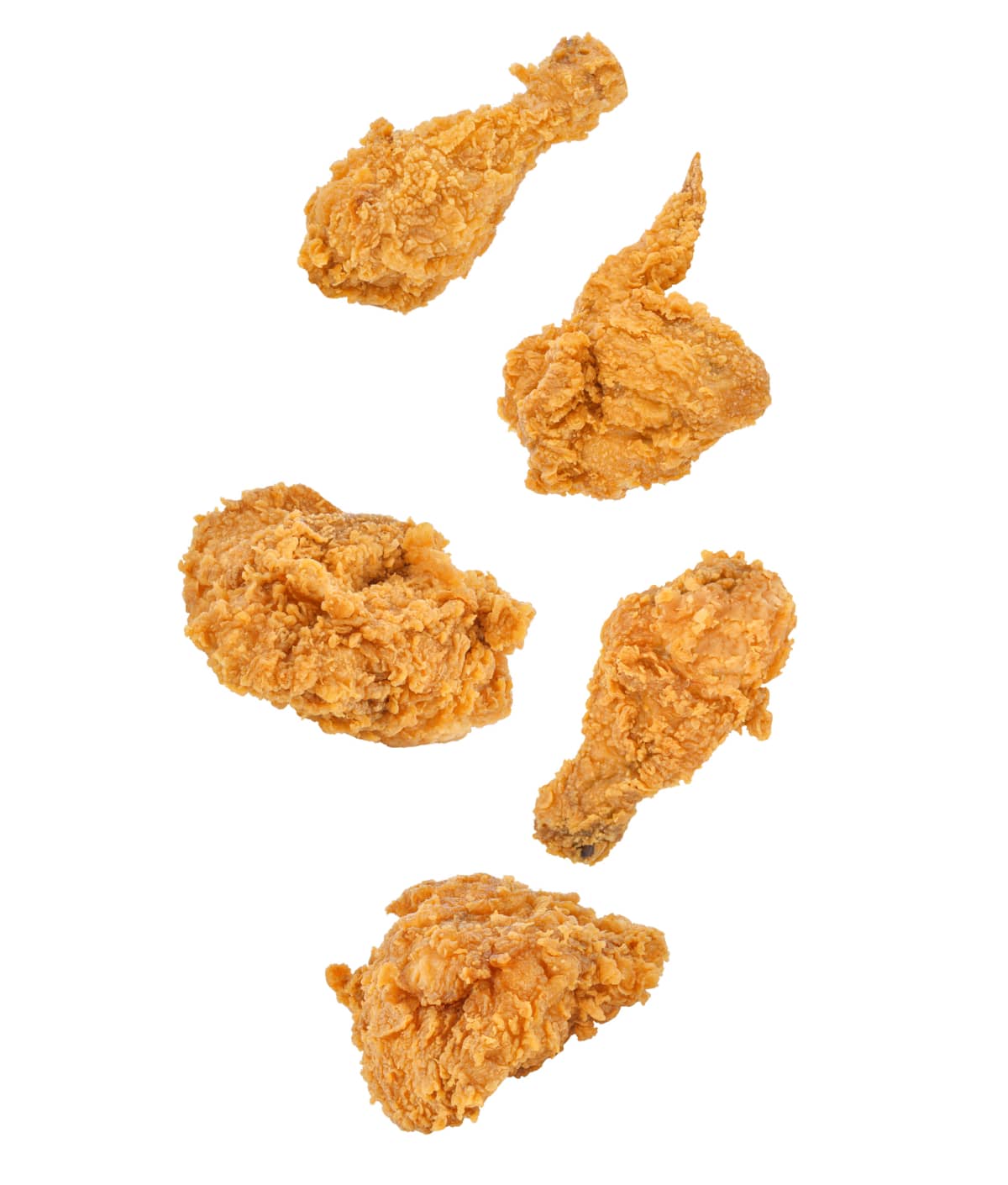 Fried chicken falling in the air isolated on white background.