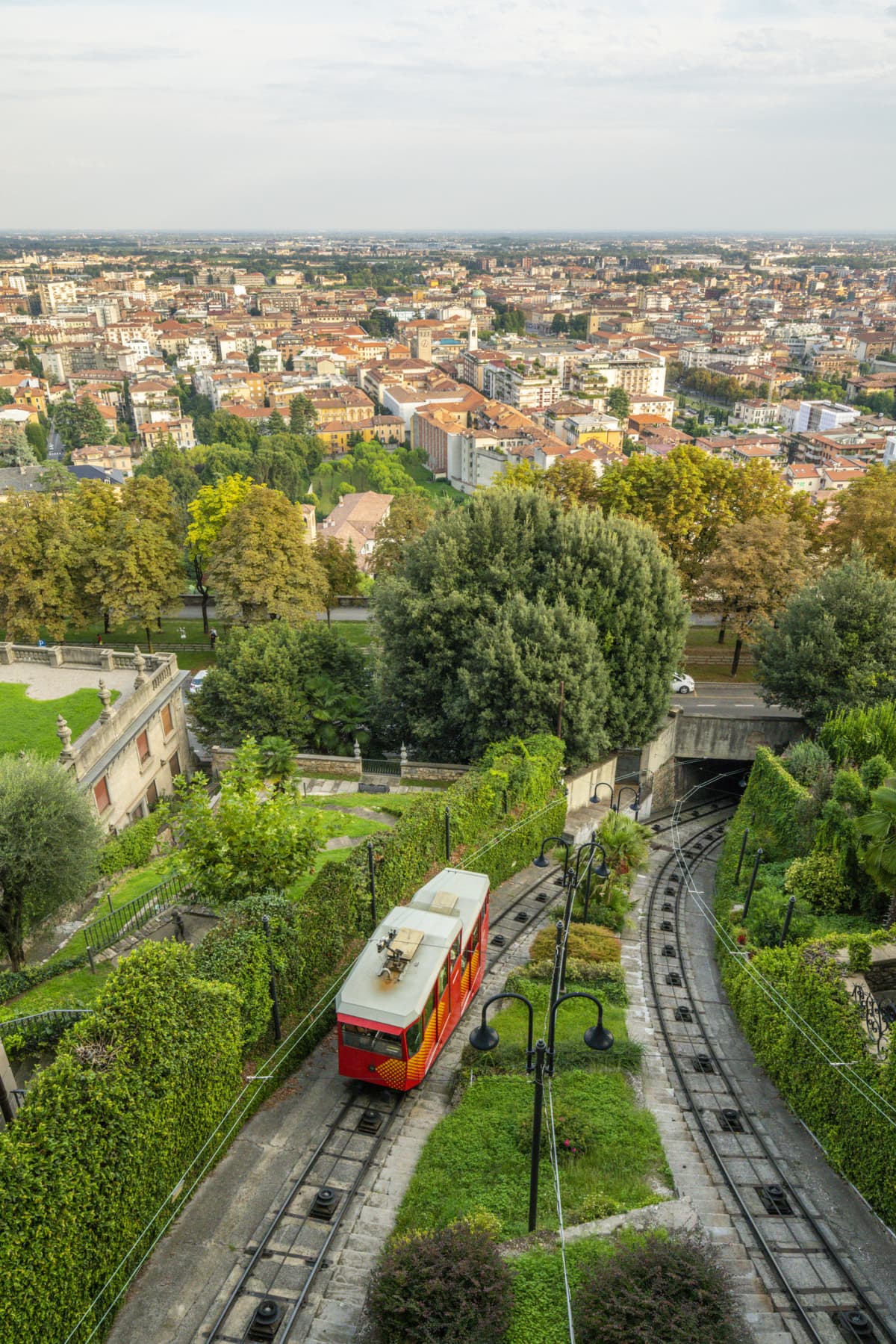 Old funicular connecting the center of Bergamo with Città Alta (Upper Town), Bergamo, Lombardy, Italy