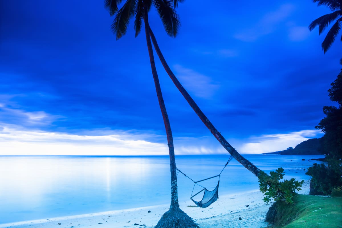 Blue skies and water on a beach with a hammock in a palm tree