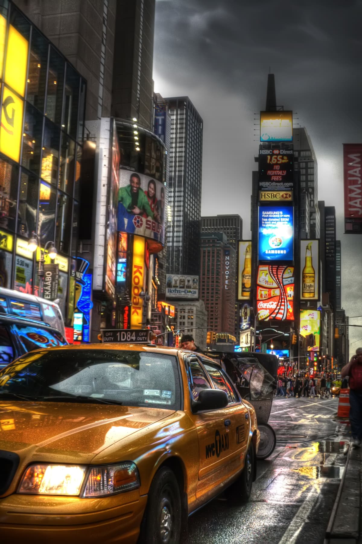 Color enhanced photo of Times Square in New York City on a rainy day