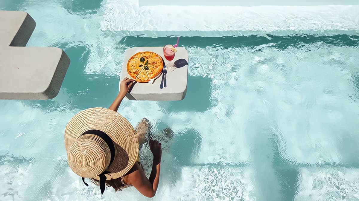 A woman wearing a sun hat is served lunch on a floating tray in the pool of an all-inclusive resort in Thailand.