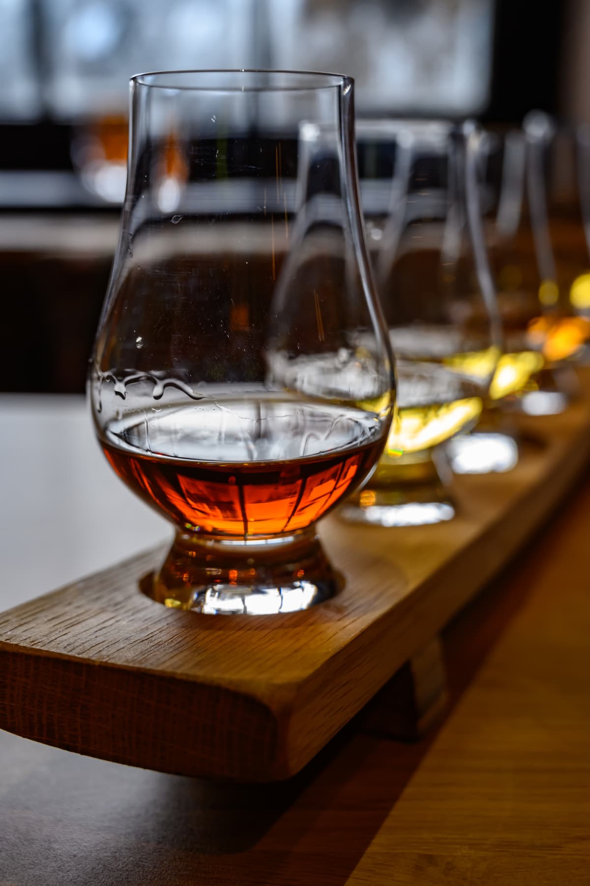 Tasting glasses of various whiskeys