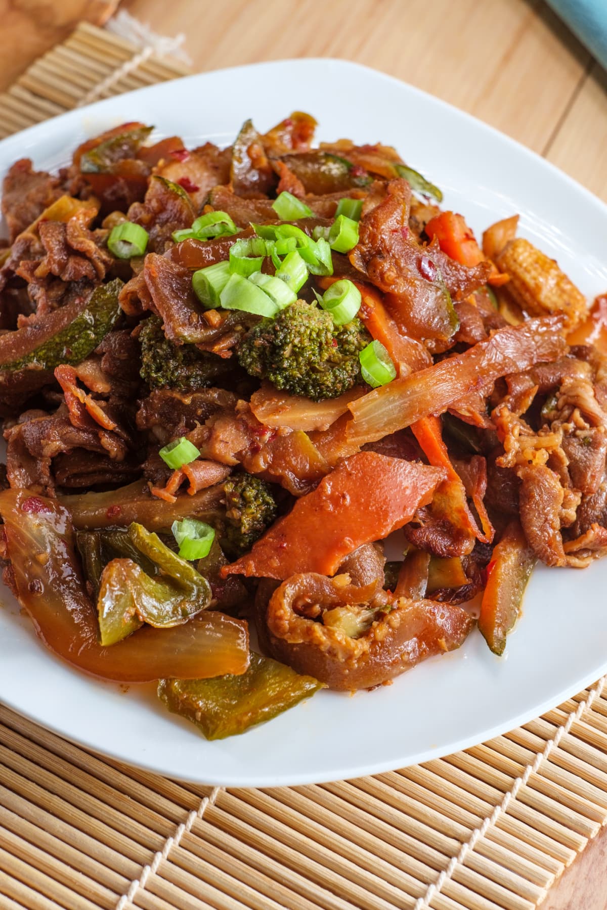 Chinese food Mongolian barbecue thinly sliced beef with mixed vegetables