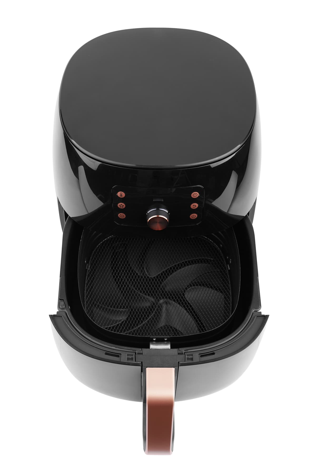 A black air fryer with the basket open on a white background