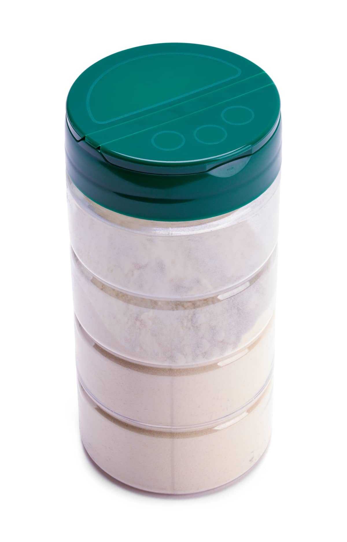 Plastic Container used for Parmesan Grated Cheese, with a green lid, on white background.