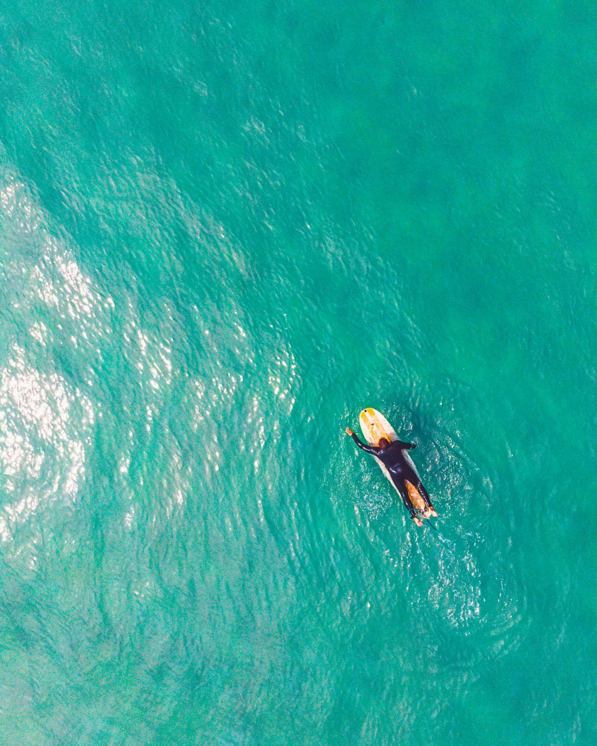 A man paddles out on his surf board