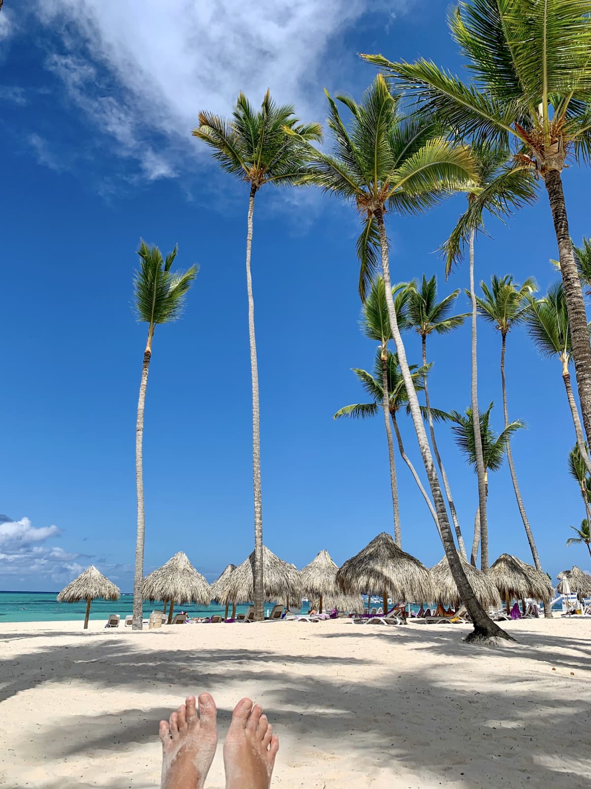 a white sandy beach with the ocean, palm trees, and tiki umbrellas in the distance from the point of view of a person laying on the beach