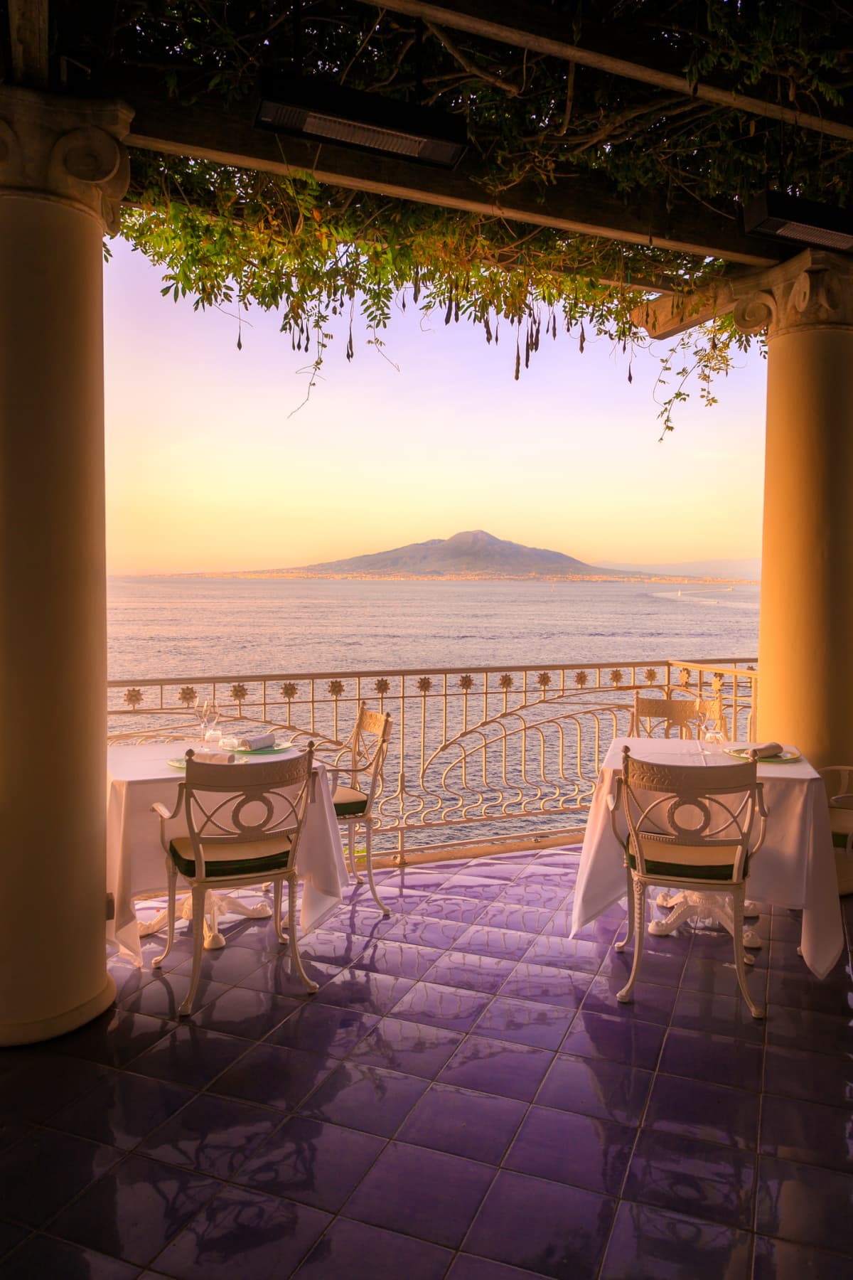 A restaurant terrace in Italy over looking the ocean