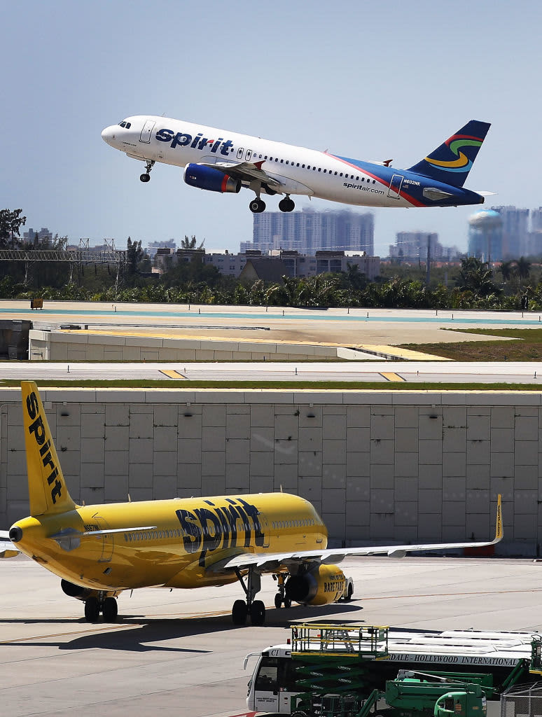 FORT LAUDERDALE, FL - MAY 09:  A  Spirit Airlines plane takes off at the Fort Lauderdale-Hollywood International Airport on May 9, 2017 in Fort Lauderdale, Florida. Yesterday a chaotic scene erupted at the Spirit Airlines counter after flights were canceled which led to passengers getting irate and the police had to move in to restore order. Spirit blamed the delays on its pilots, who are negotiating for a new contract.  (Photo by Joe Raedle/Getty Images)