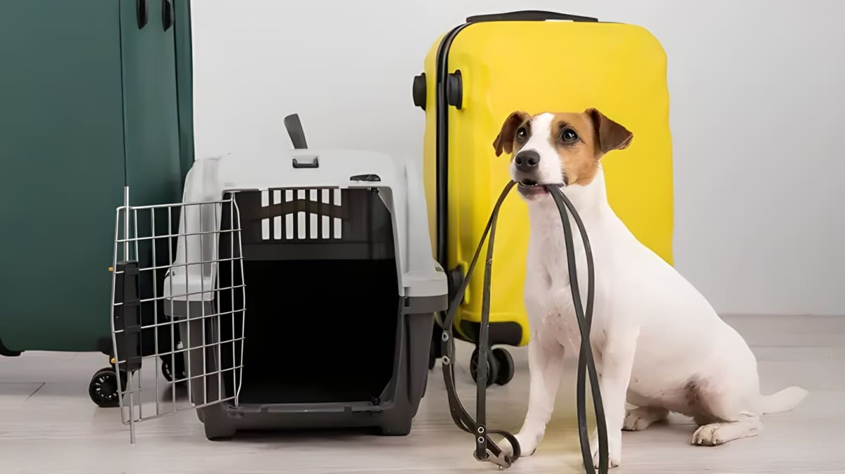 A dog with its leash in its mouth sitting next to a yellow suitcase and crate