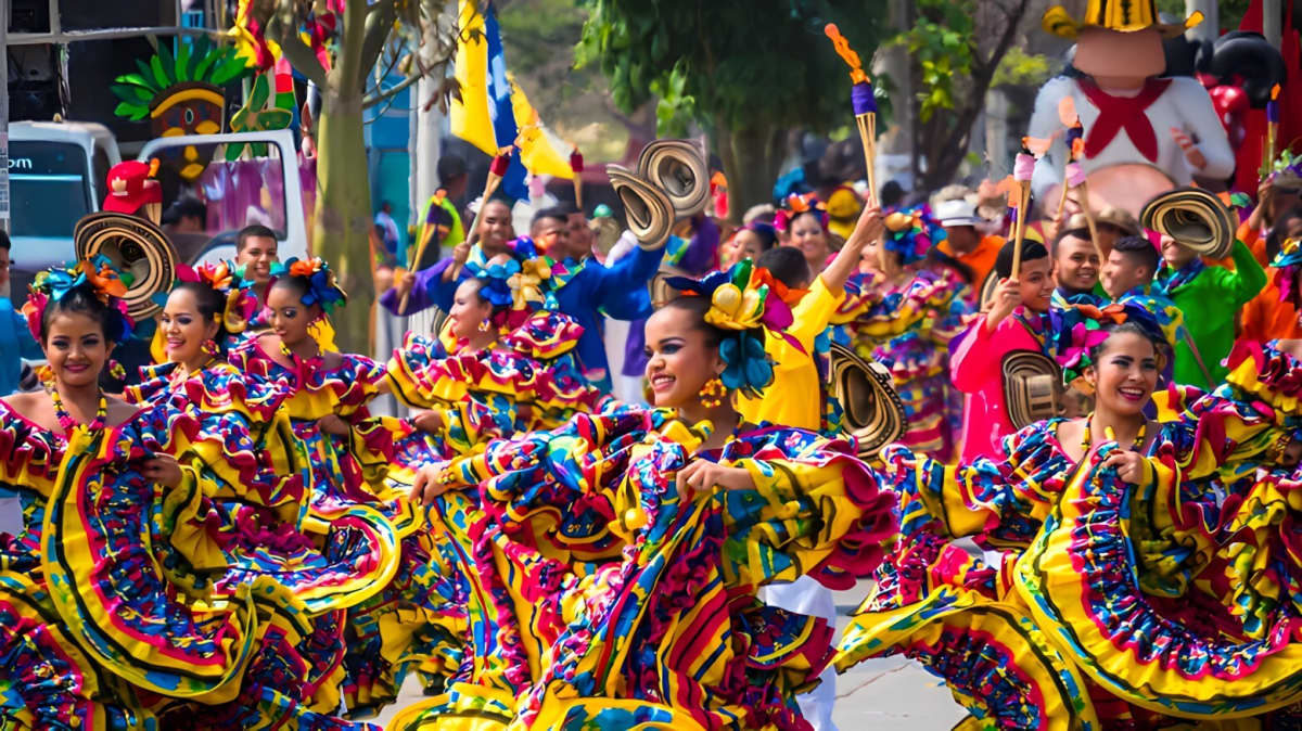 A brightly colored street festival in South America
