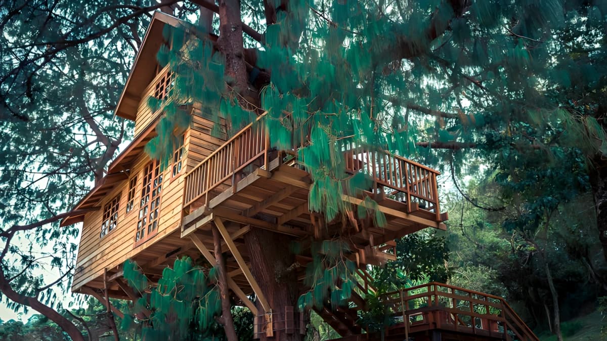A treehouse on stilts in the woods