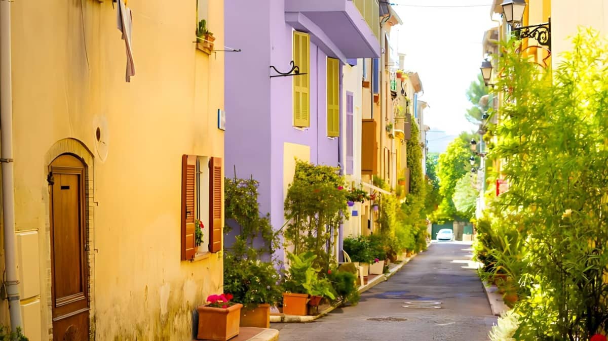A colorful street of homes in France
