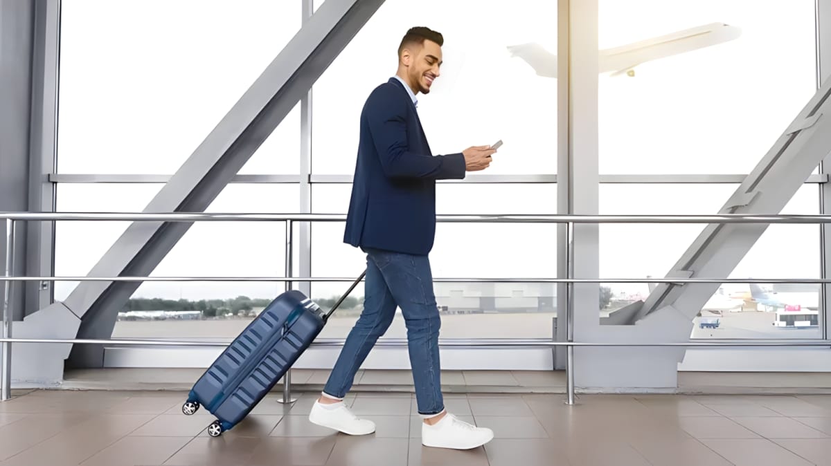 A man walks through an airport with a suitcase and smiling at his phone