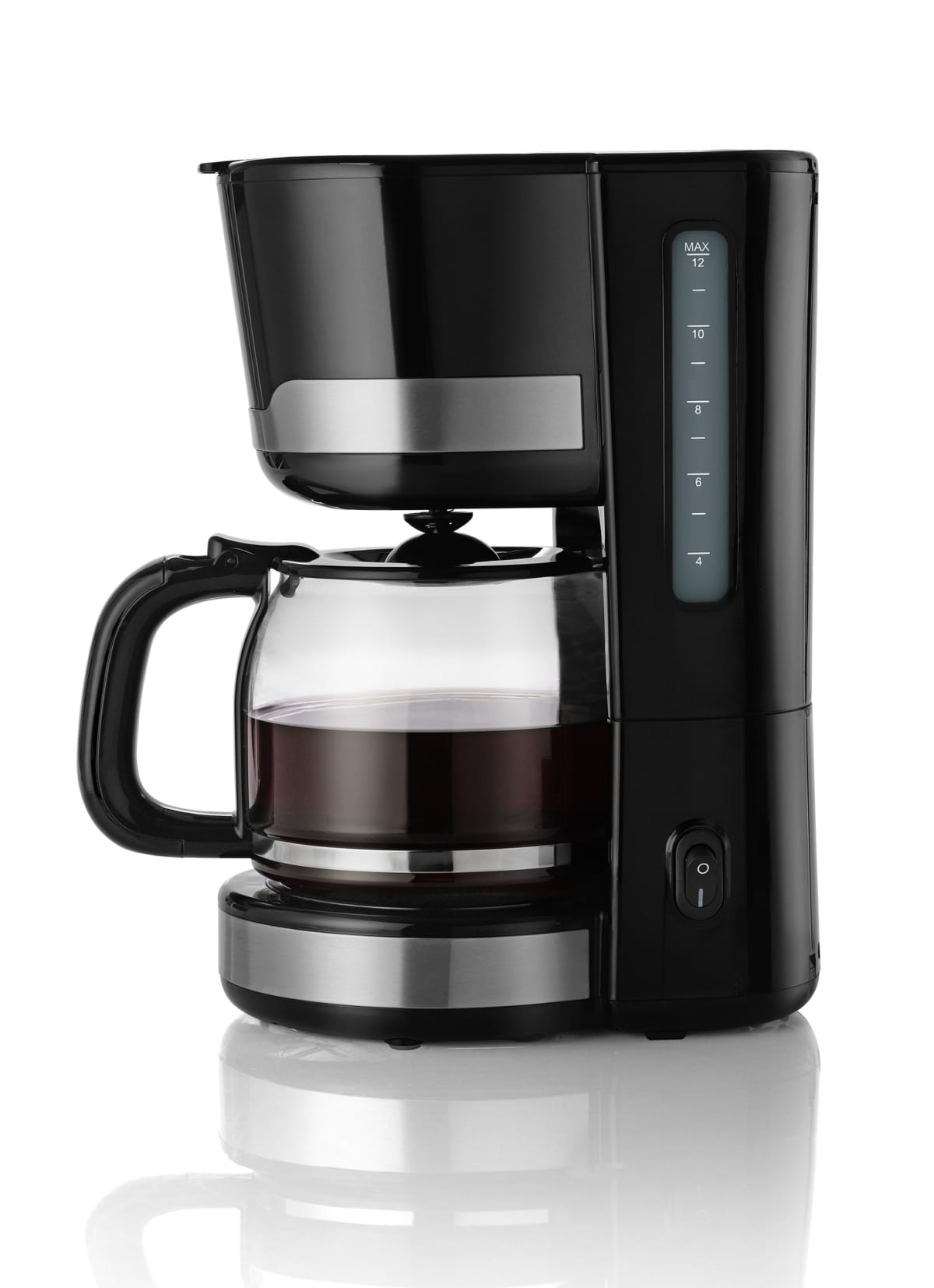 A coffee maker with coffee in the pot, against a white background.