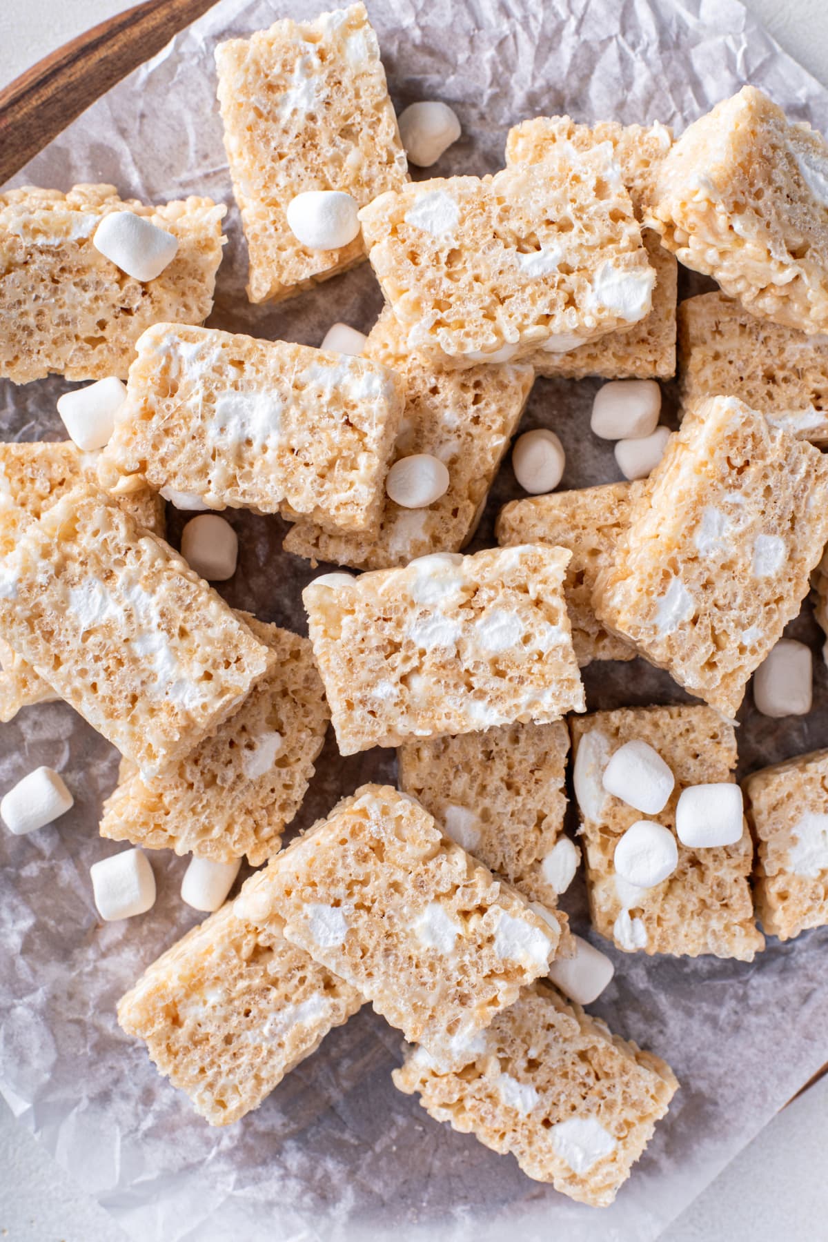 Pile of rice krispies treats with marshmallows