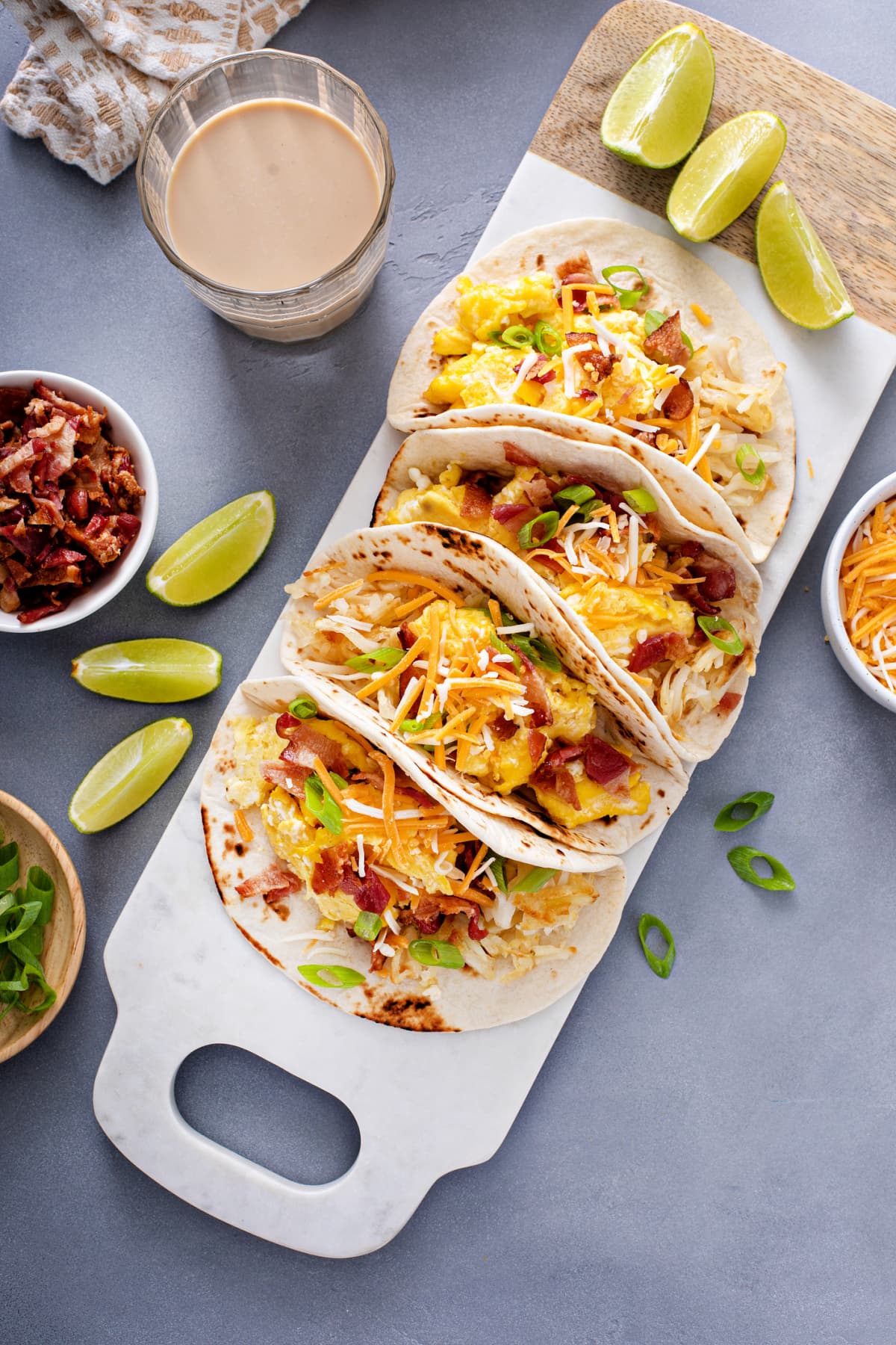 Breakfast tacos with hashbrowns, eggs, and bacon