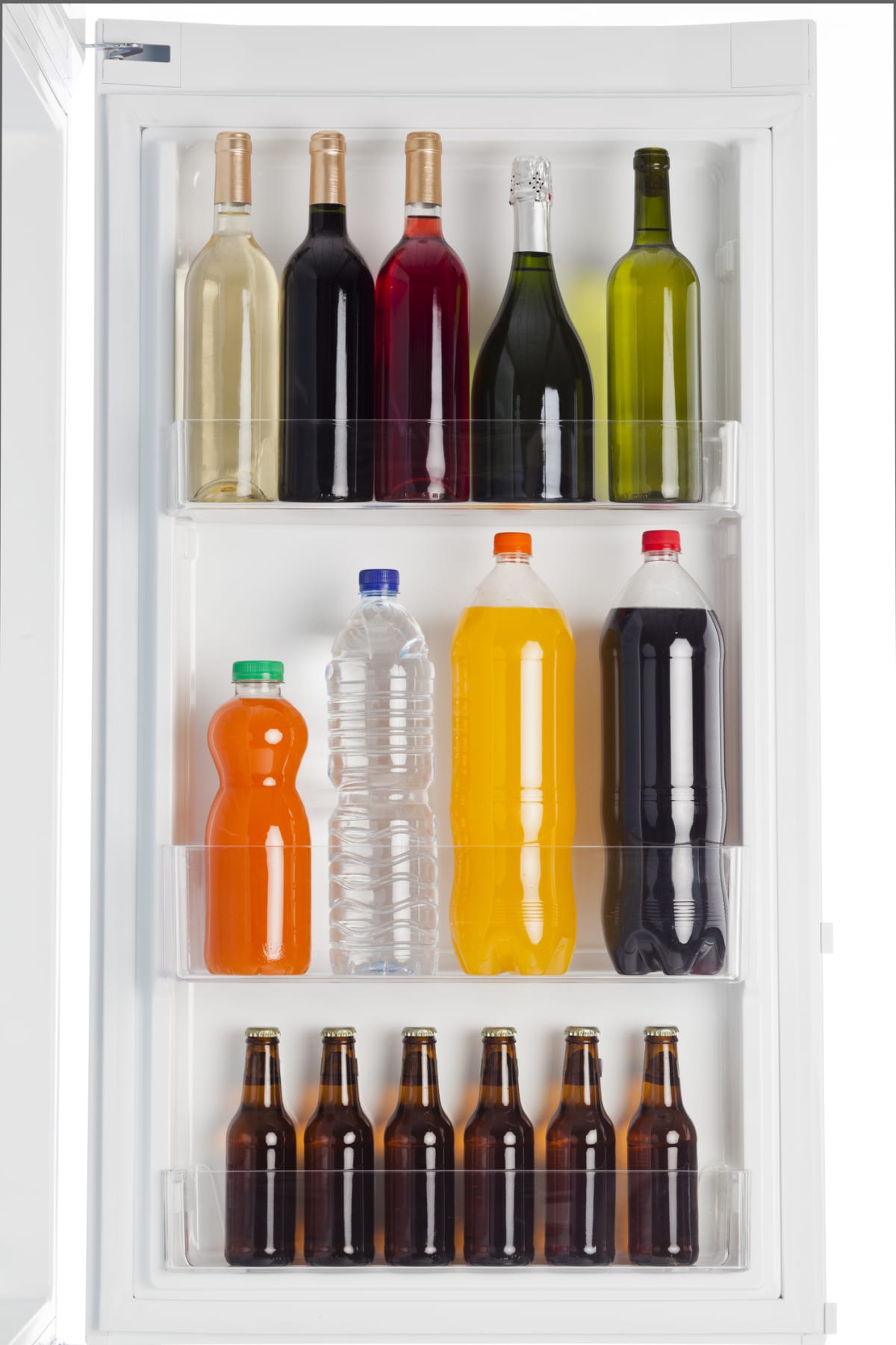 Assortment of drinks inside fridge