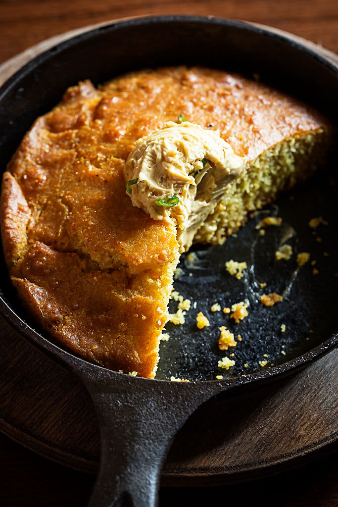 OXON HILL, MD-September 26: The cornbread with sorghum butter is served in a cast iron skillet at Succotash Restaurant at National Harbor. (Photo by Scott Suchman/For the Washington Post)